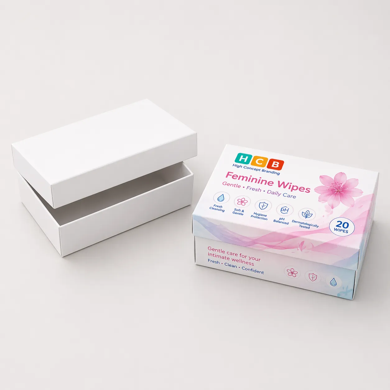 Two small eco-friendly boxes, one blank white and one featuring pink floral patterns and logos. class=